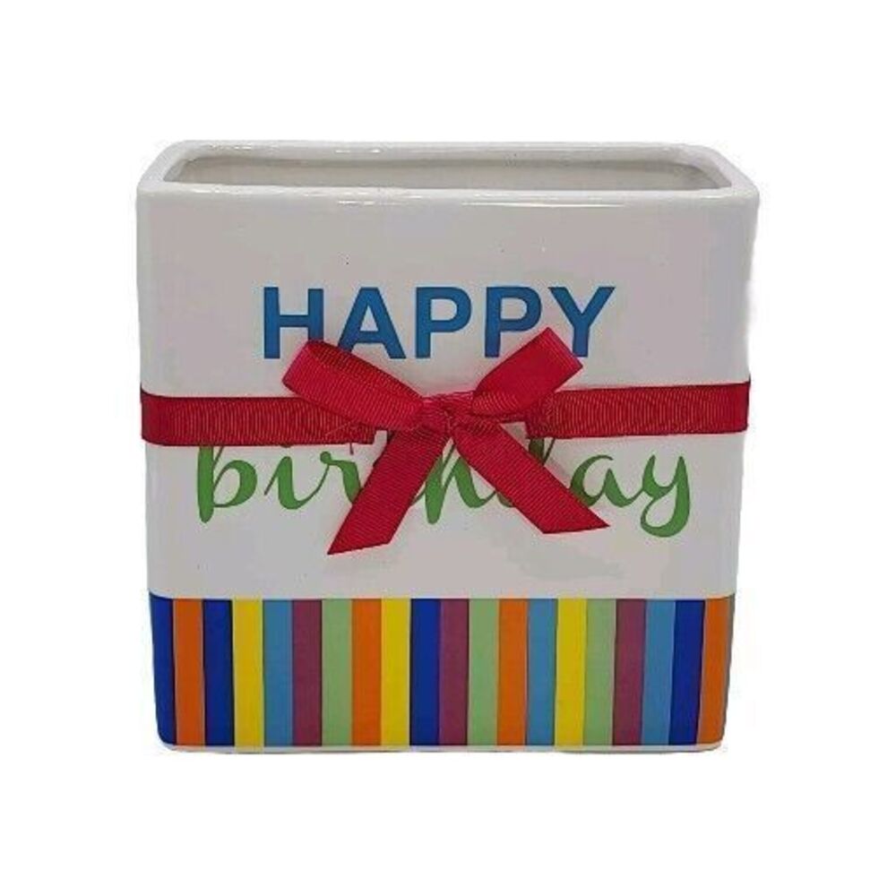 FTD Happy Birthday Ceramic‎ Vase Planter  Container Holder 6"x6"